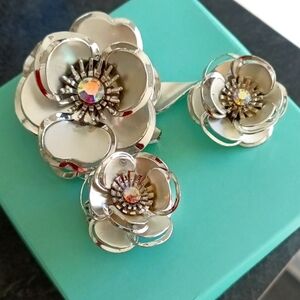 Vintage Clip Matte Flower Earrings with Aurora Borealis Rhinestone and Brooch